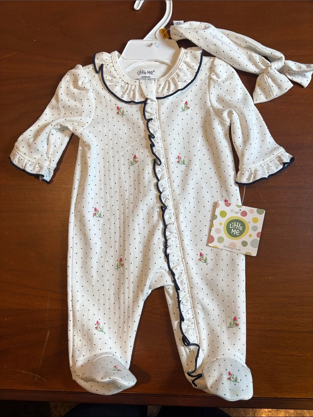 Little Me White One-Piece Footie with Navy Trim and Pink Floral Accents